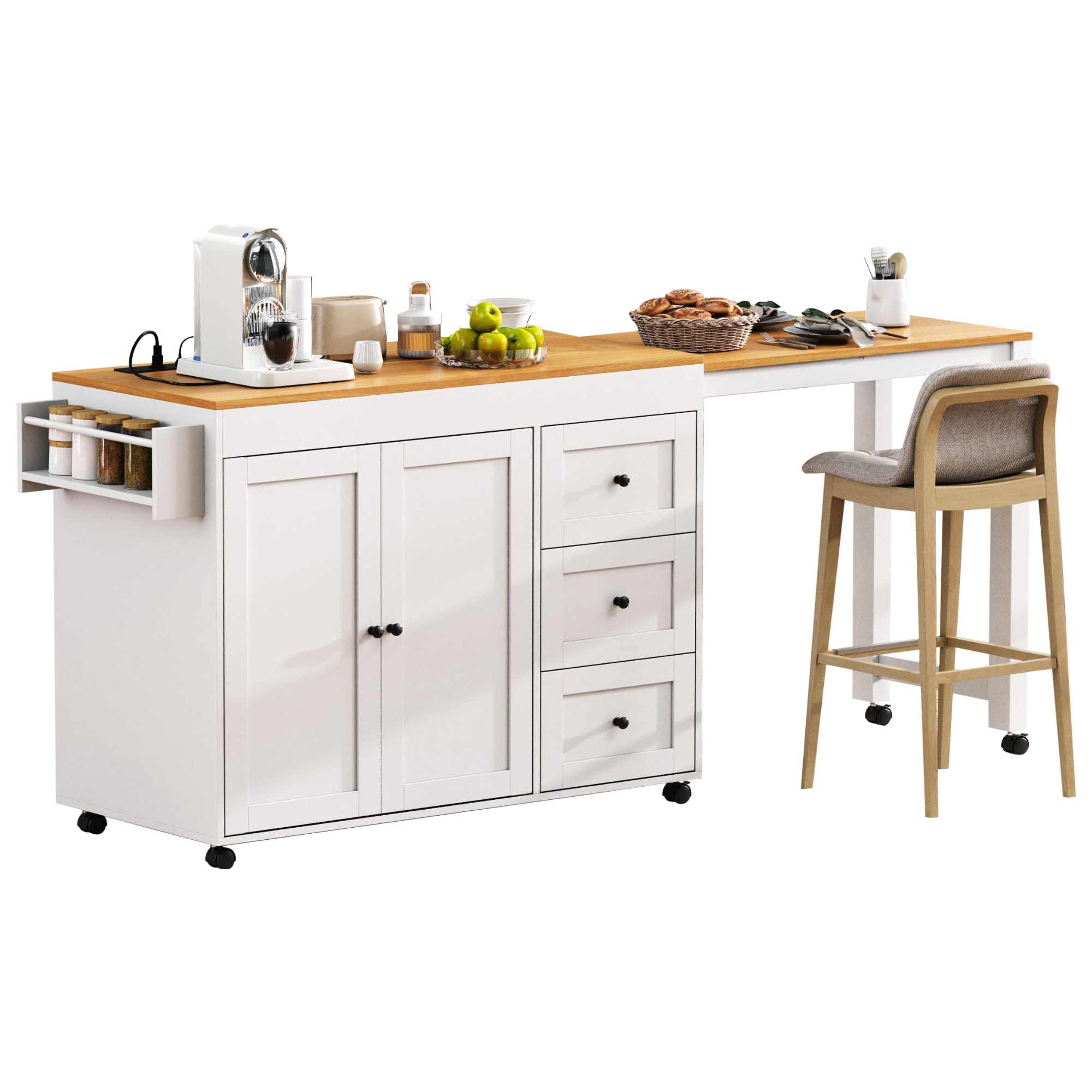 K&K Kitchen Island with Extendable Dining Table, 3 Drawers