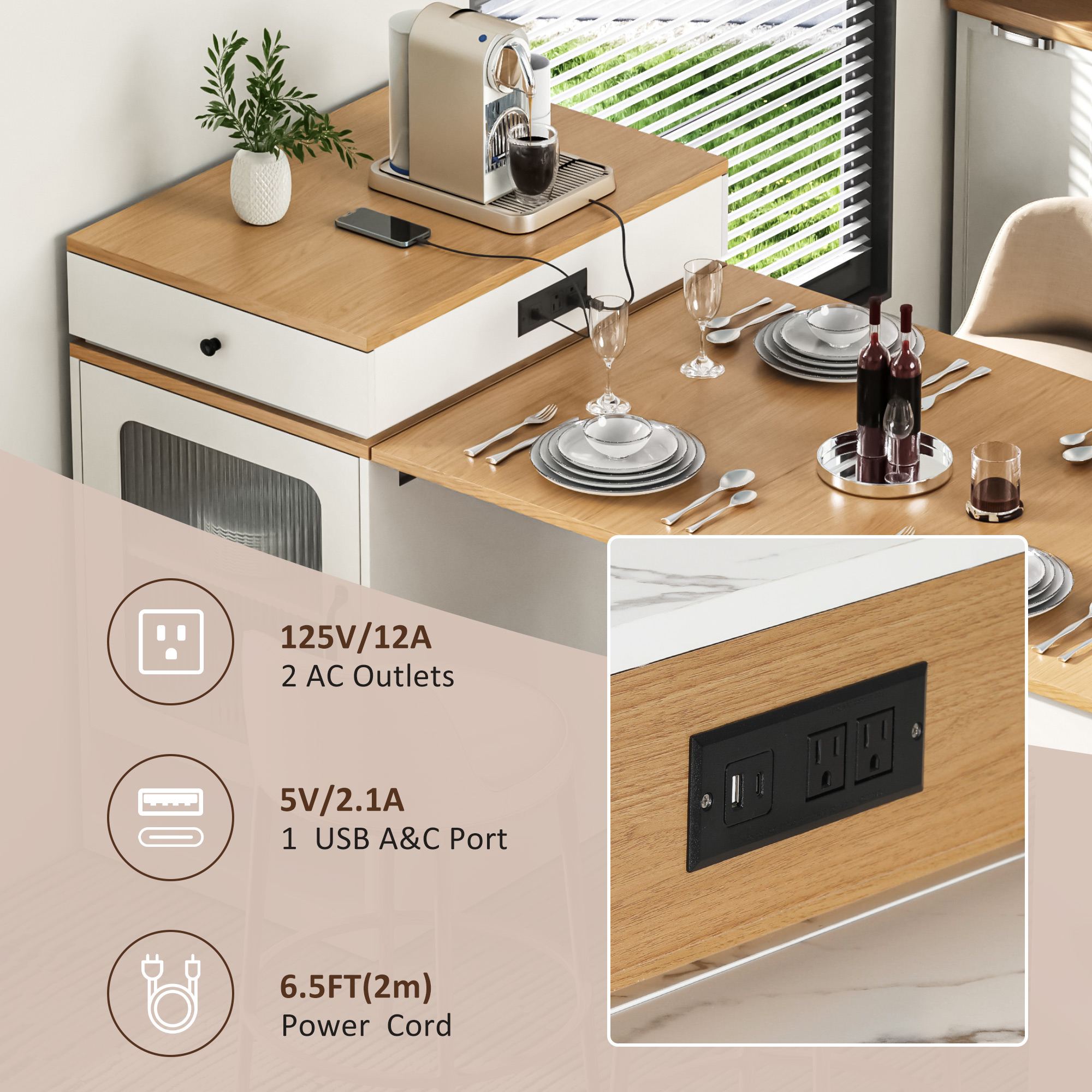 K&K Kitchen Island Extendable Table