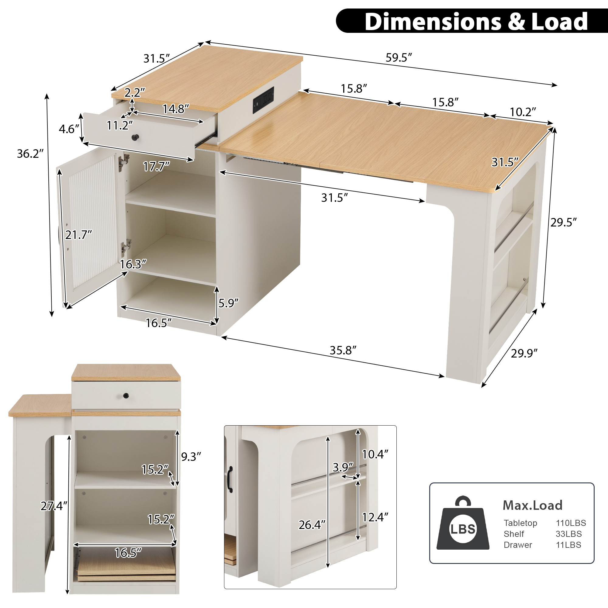 K&K Kitchen Island Extendable Table