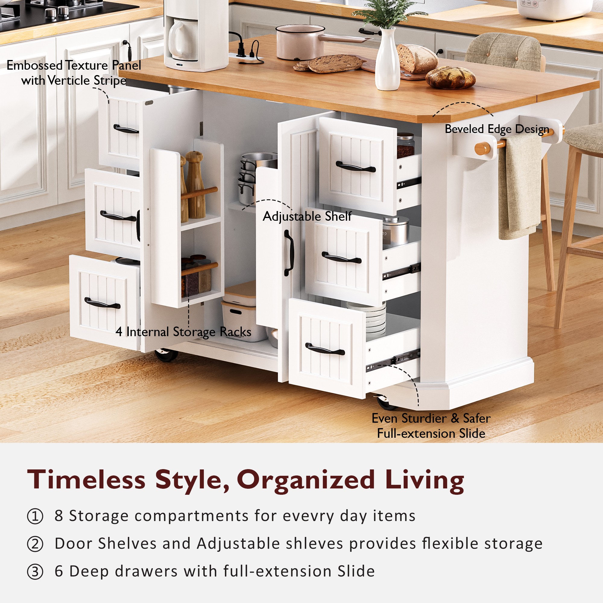 K&K Kitchen Island Rubber Wood Veneer