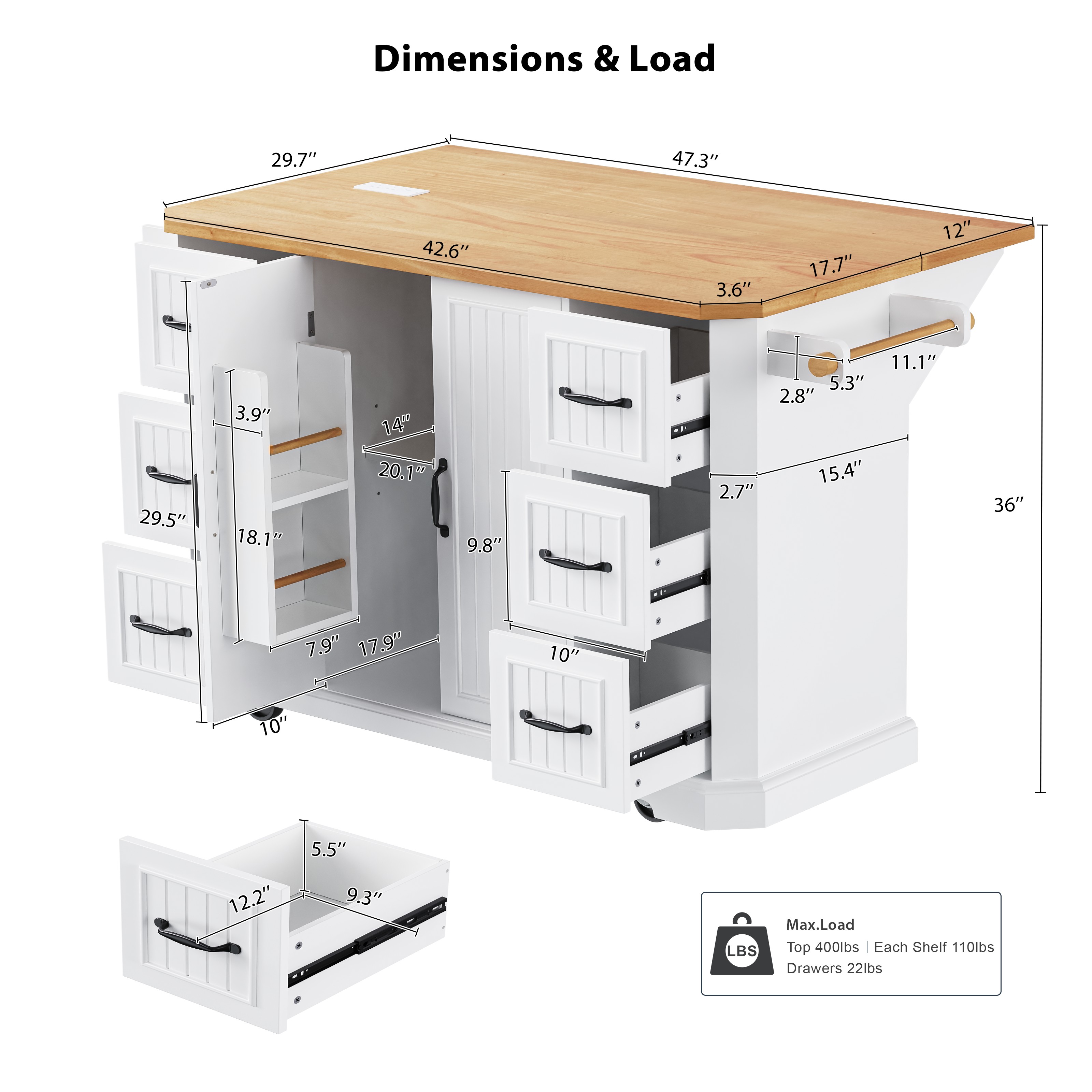 K&K Kitchen Island Rubber Wood Veneer