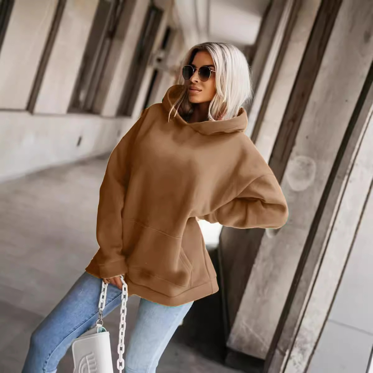 Womens Casual Fashionable Loose-fitting Hooded Sweatshirt