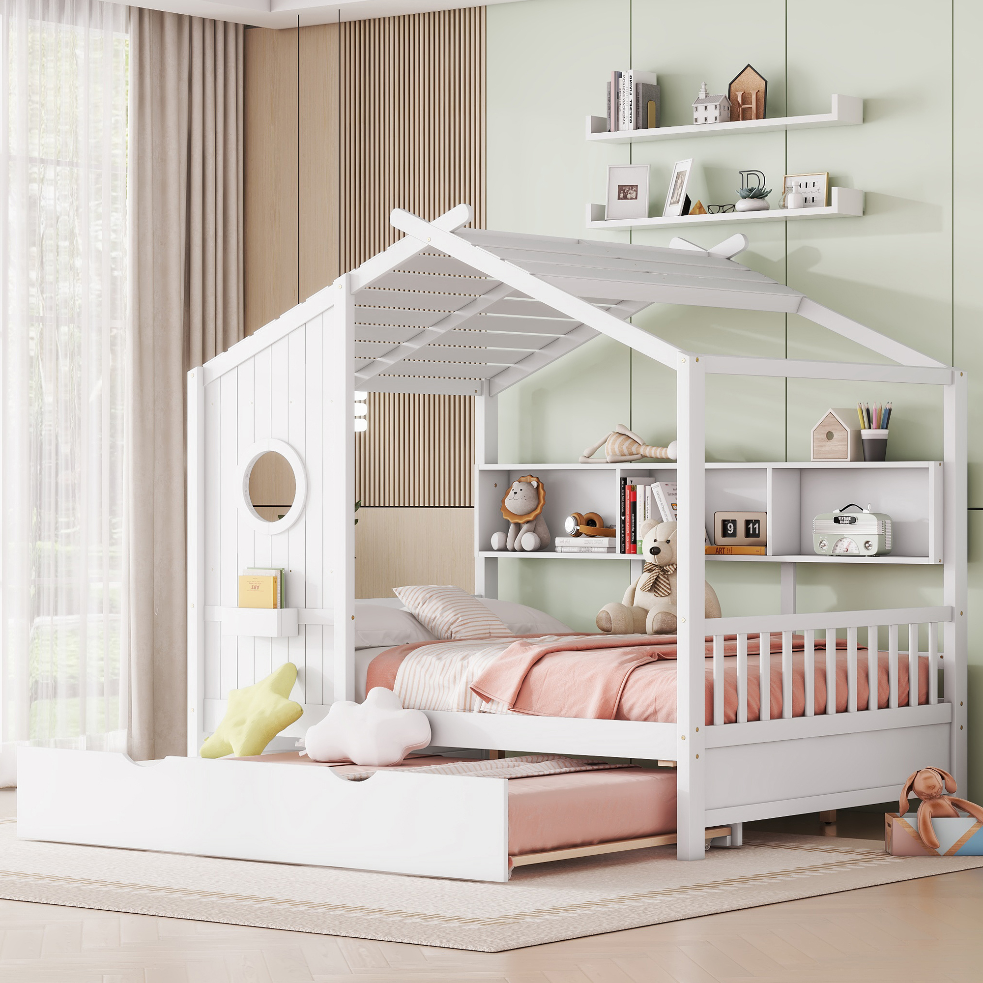 Wooden House Bed, Full Size, With Trundle