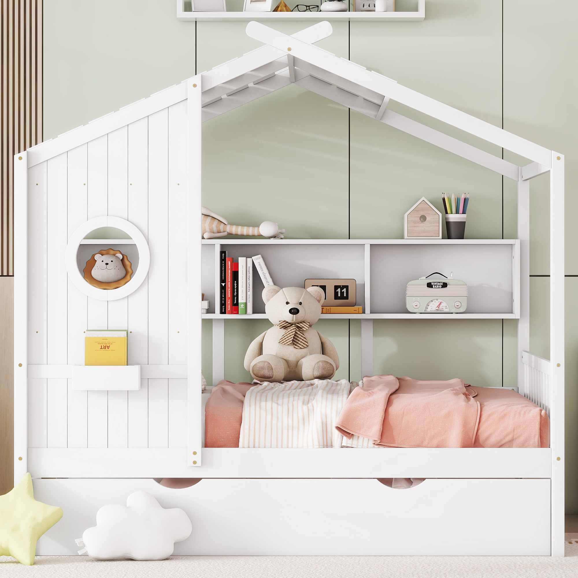 Wooden House Bed, Full Size, With Trundle