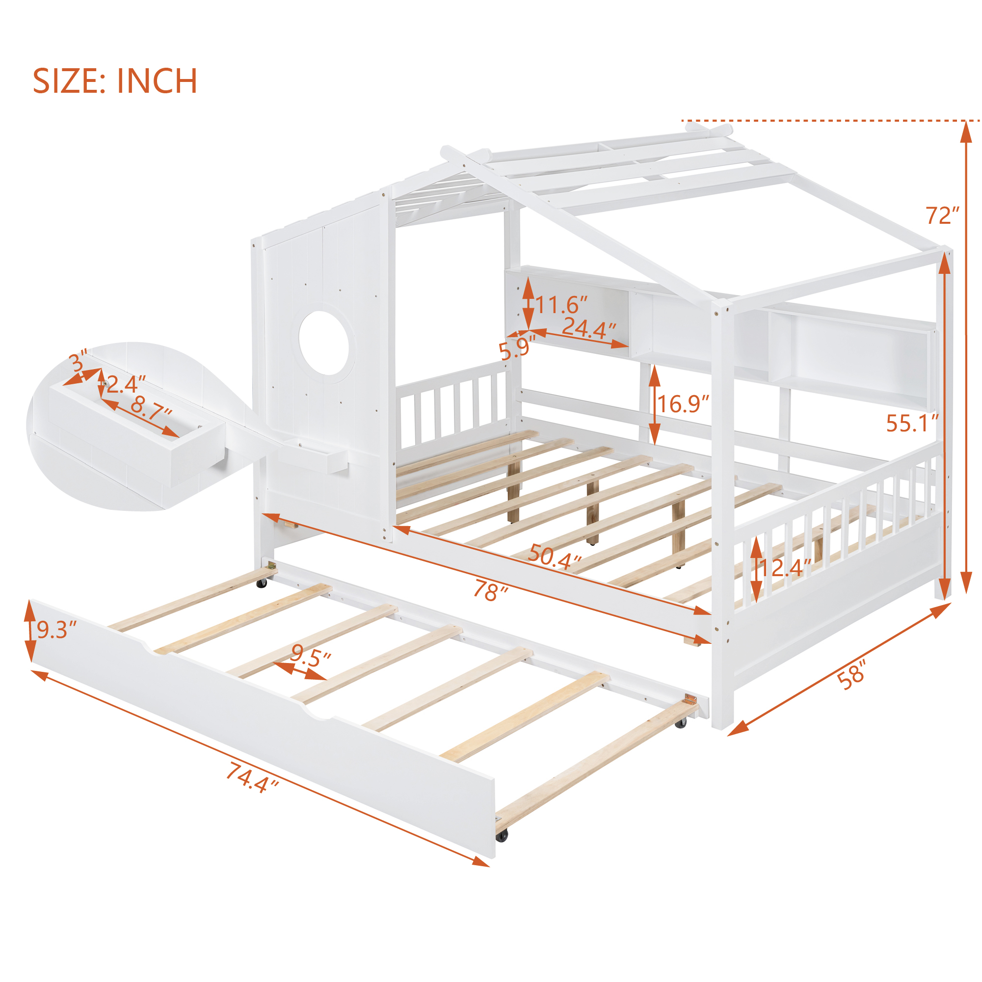 Wooden House Bed, Full Size, With Trundle