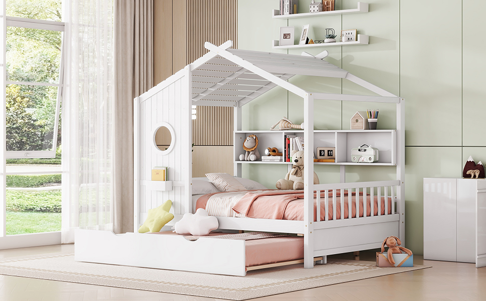 Wooden House Bed, Full Size, With Trundle