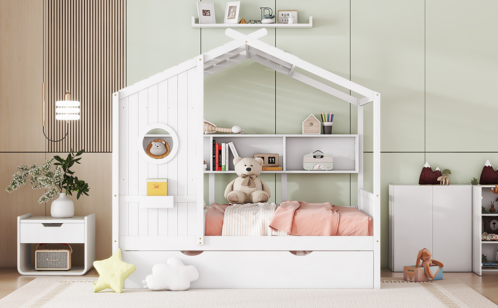 Wooden House Bed, Full Size, With Trundle