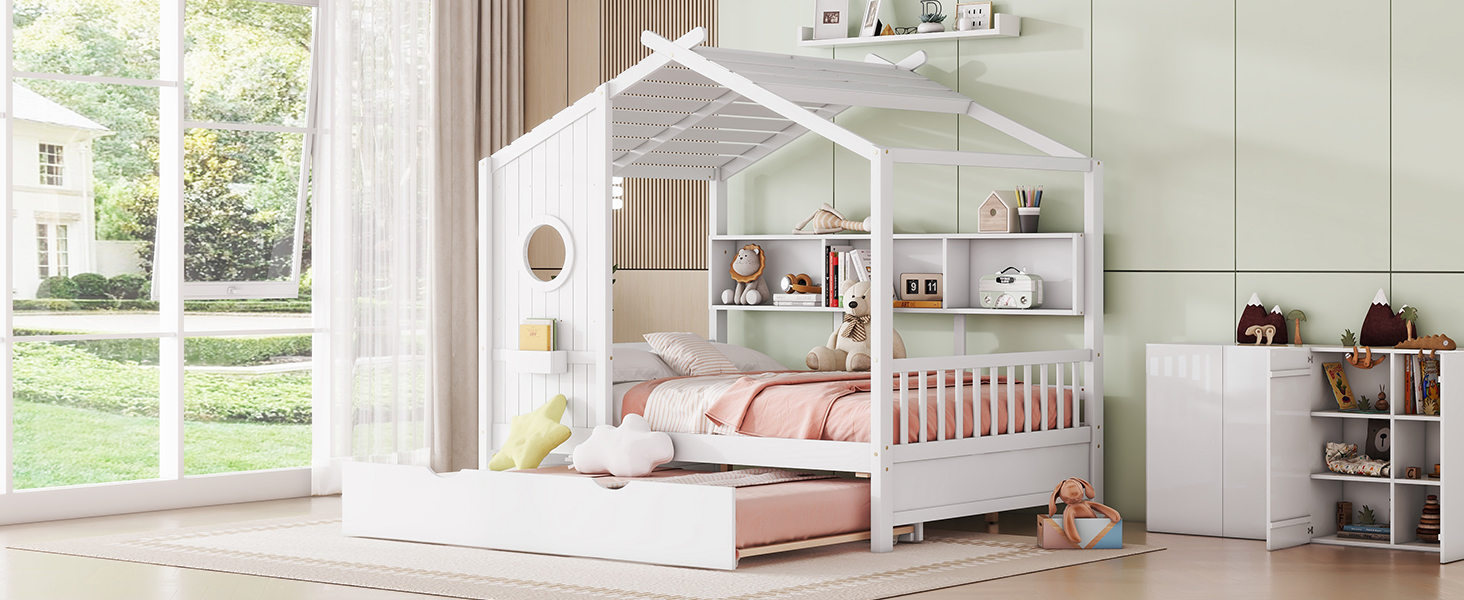 Wooden House Bed, Full Size, With Trundle