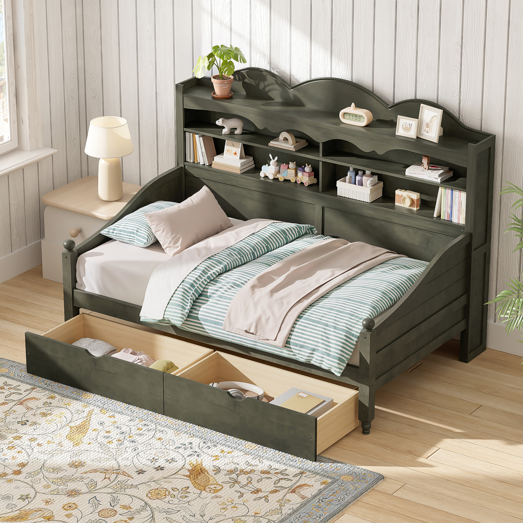 Twin Daybed with Storage Drawers, Wooden
