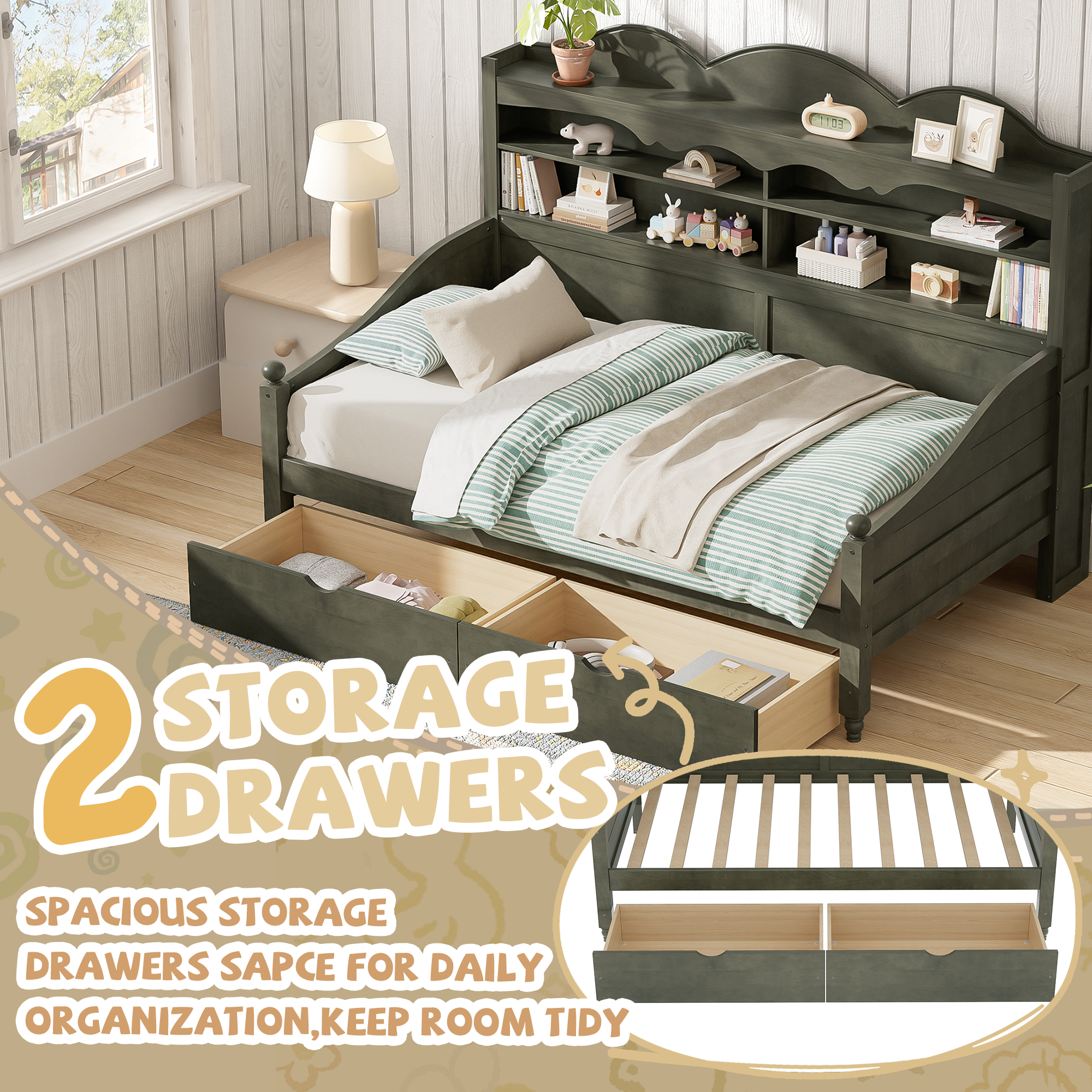 Twin Daybed with Storage Drawers, Wooden