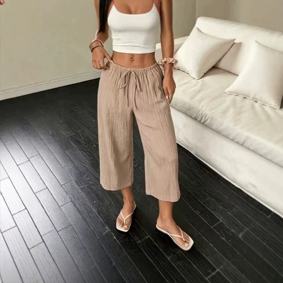Womens SpringSummer Elegant Casual Textured Cropped Pants