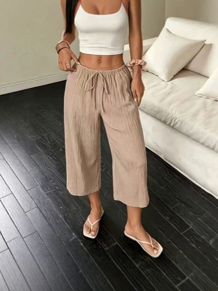 Womens SpringSummer Elegant Casual Textured Cropped Pants