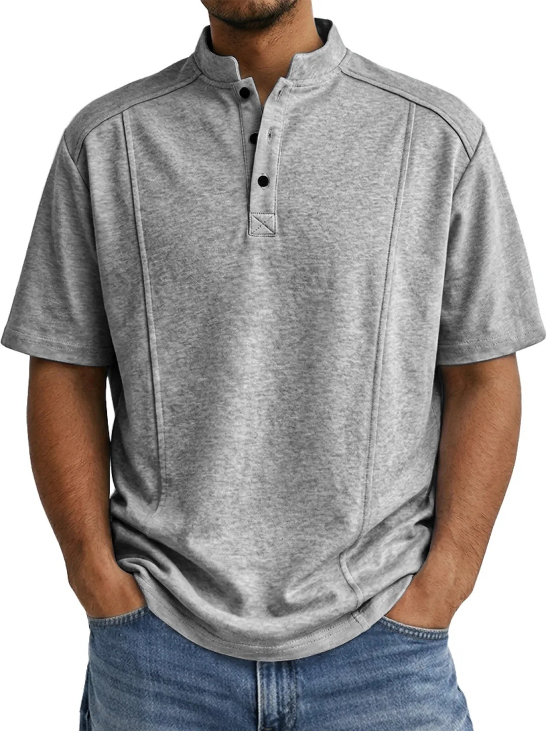 Men's Simple Knitted Henley-Neck Short-Sleeve Polo Shirt
