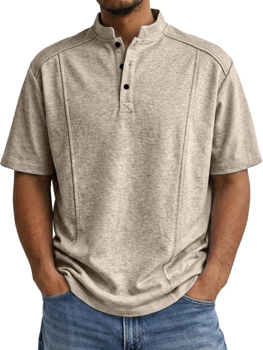 Men's Simple Knitted Henley-Neck Short-Sleeve Polo Shirt