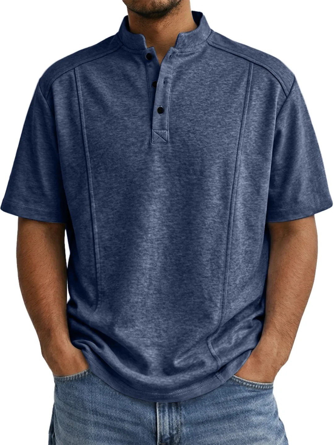 Men's Simple Knitted Henley-Neck Short-Sleeve Polo Shirt