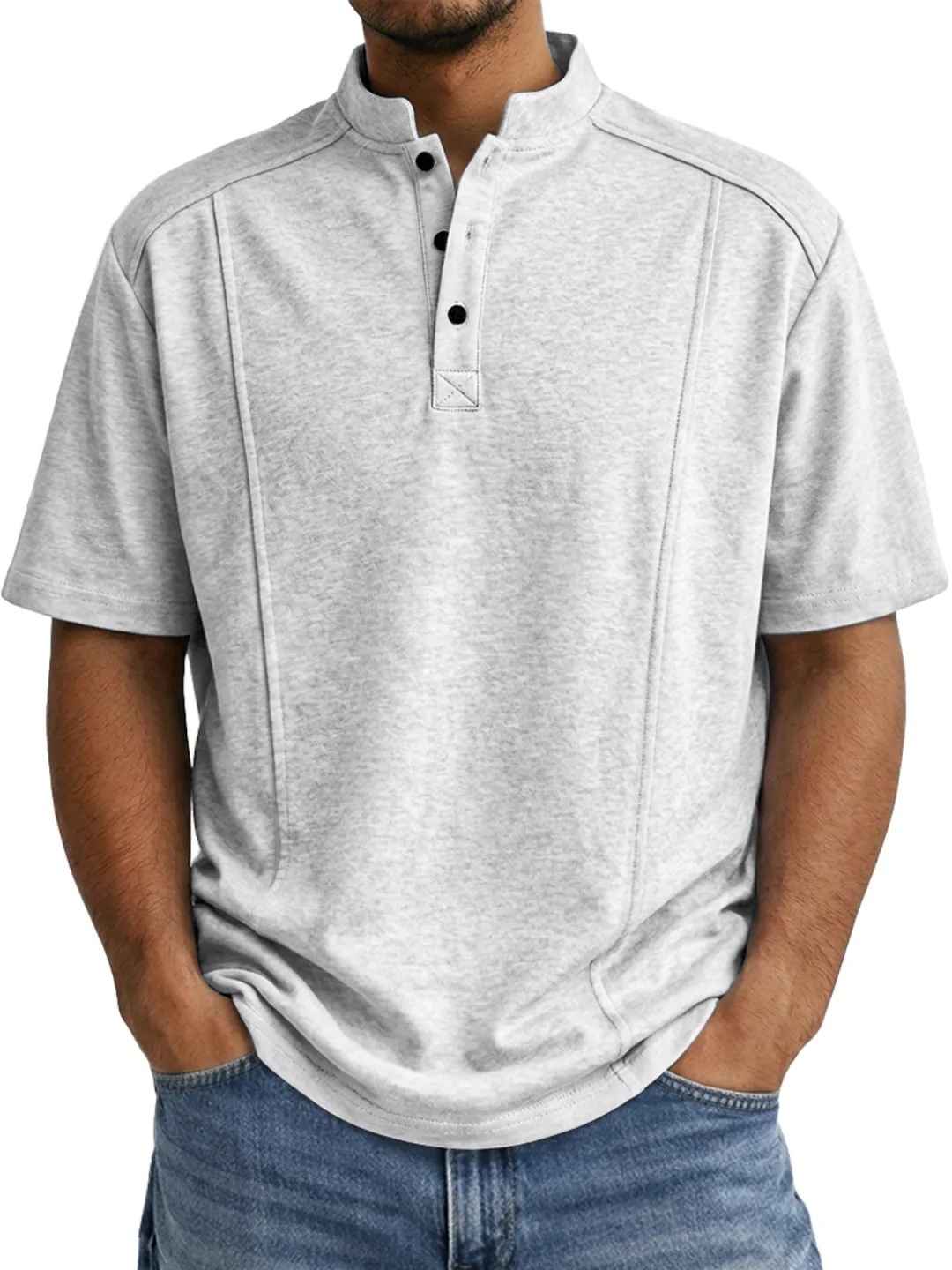 Men's Simple Knitted Henley-Neck Short-Sleeve Polo Shirt