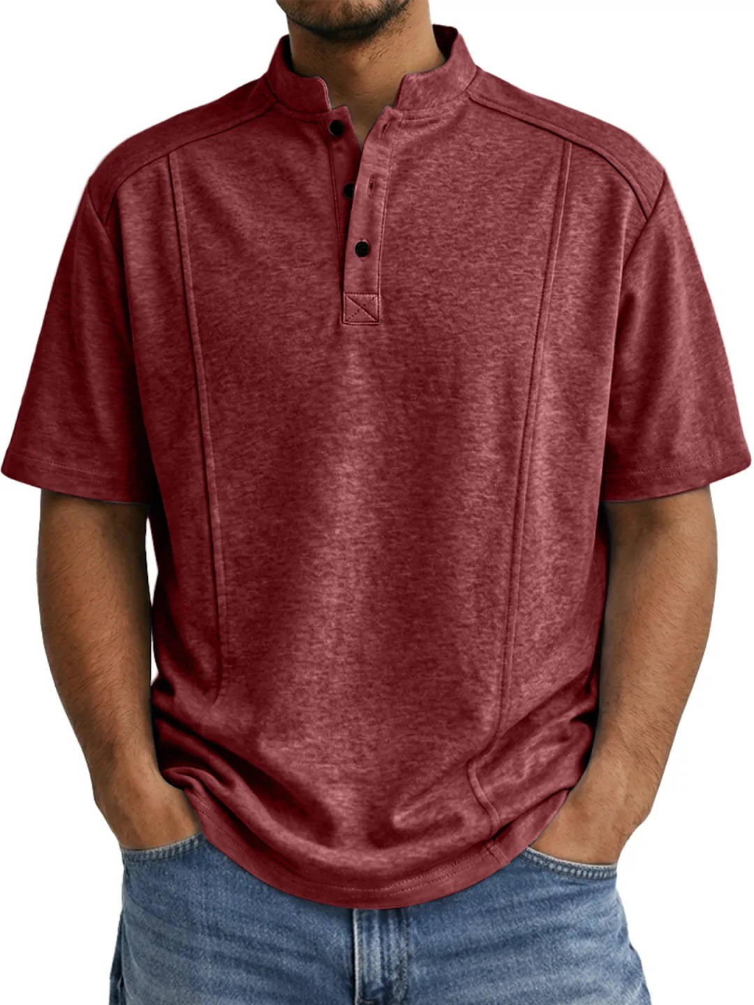 Men's Simple Knitted Henley-Neck Short-Sleeve Polo Shirt