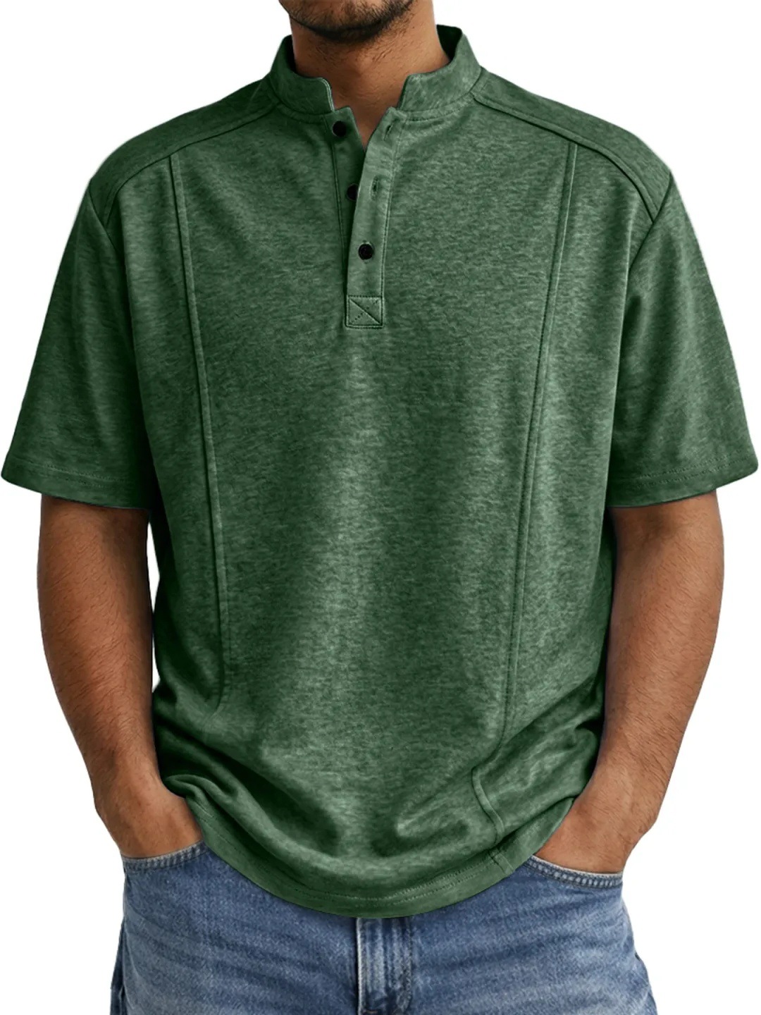 Men's Simple Knitted Henley-Neck Short-Sleeve Polo Shirt