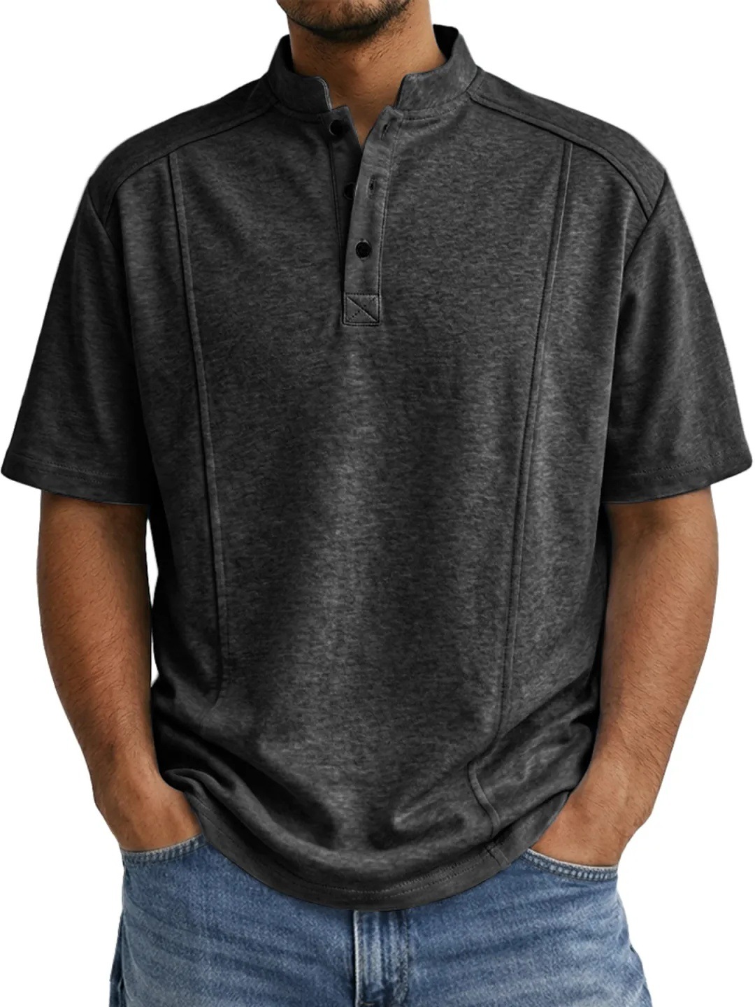 Men's Simple Knitted Henley-Neck Short-Sleeve Polo Shirt