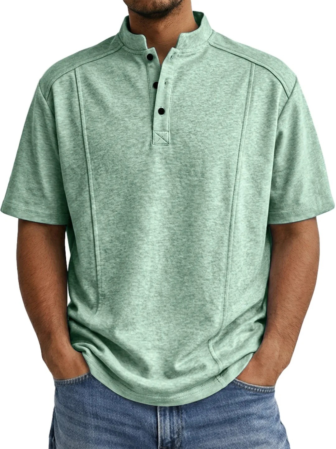 Men's Simple Knitted Henley-Neck Short-Sleeve Polo Shirt