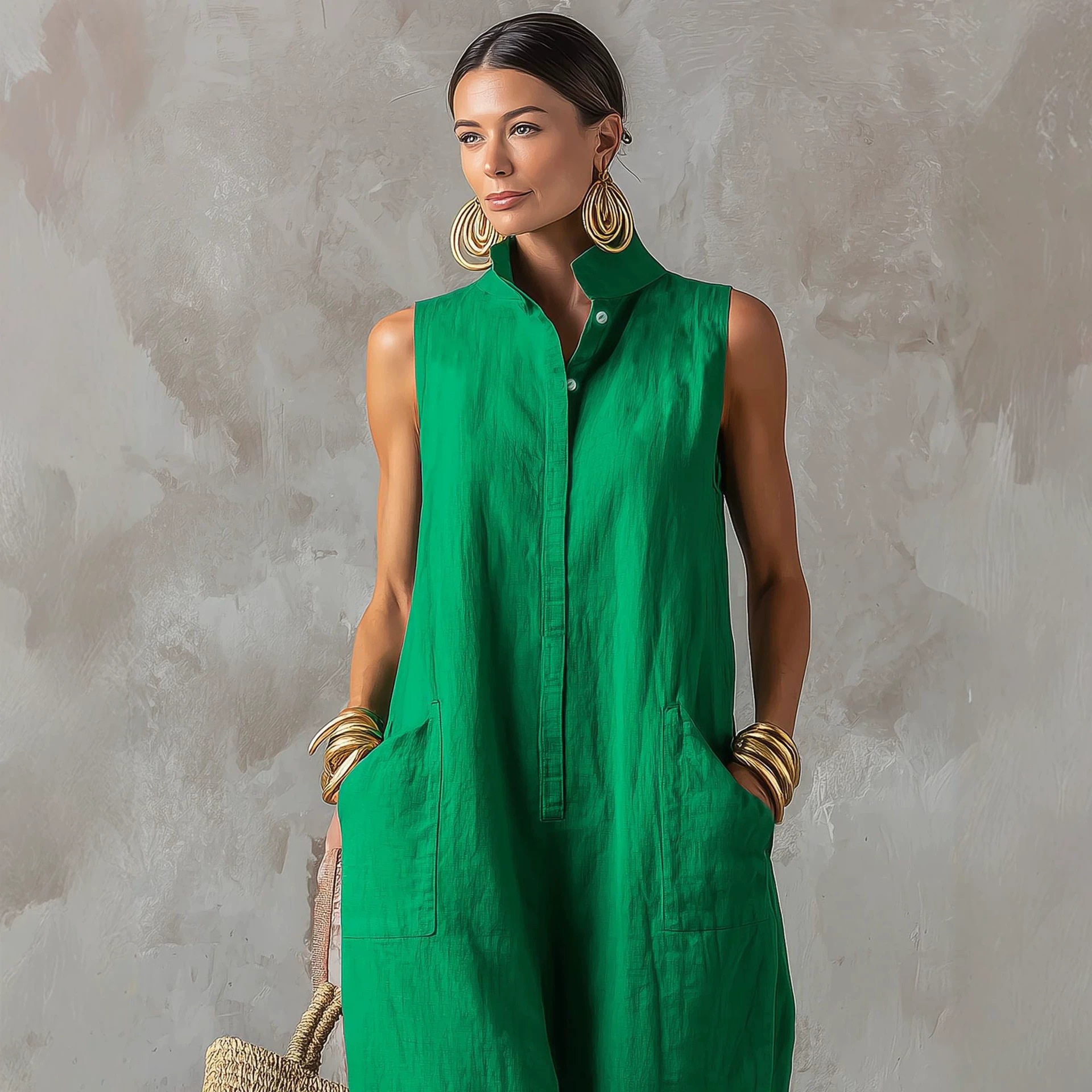 Loose-fitting Sleeveless One-button Stand-collar Jumpsuit