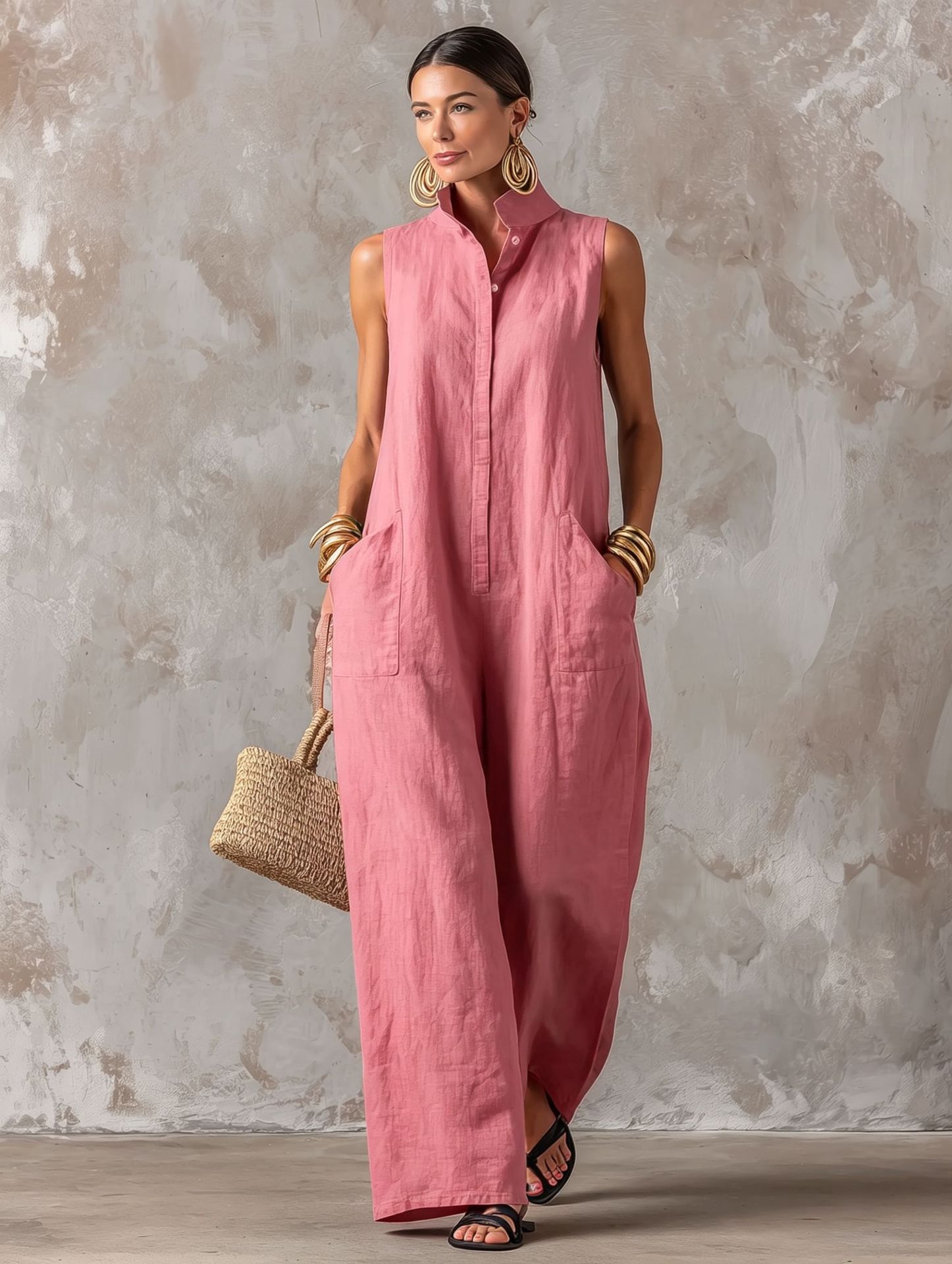 Loose-fitting Sleeveless One-button Stand-collar Jumpsuit