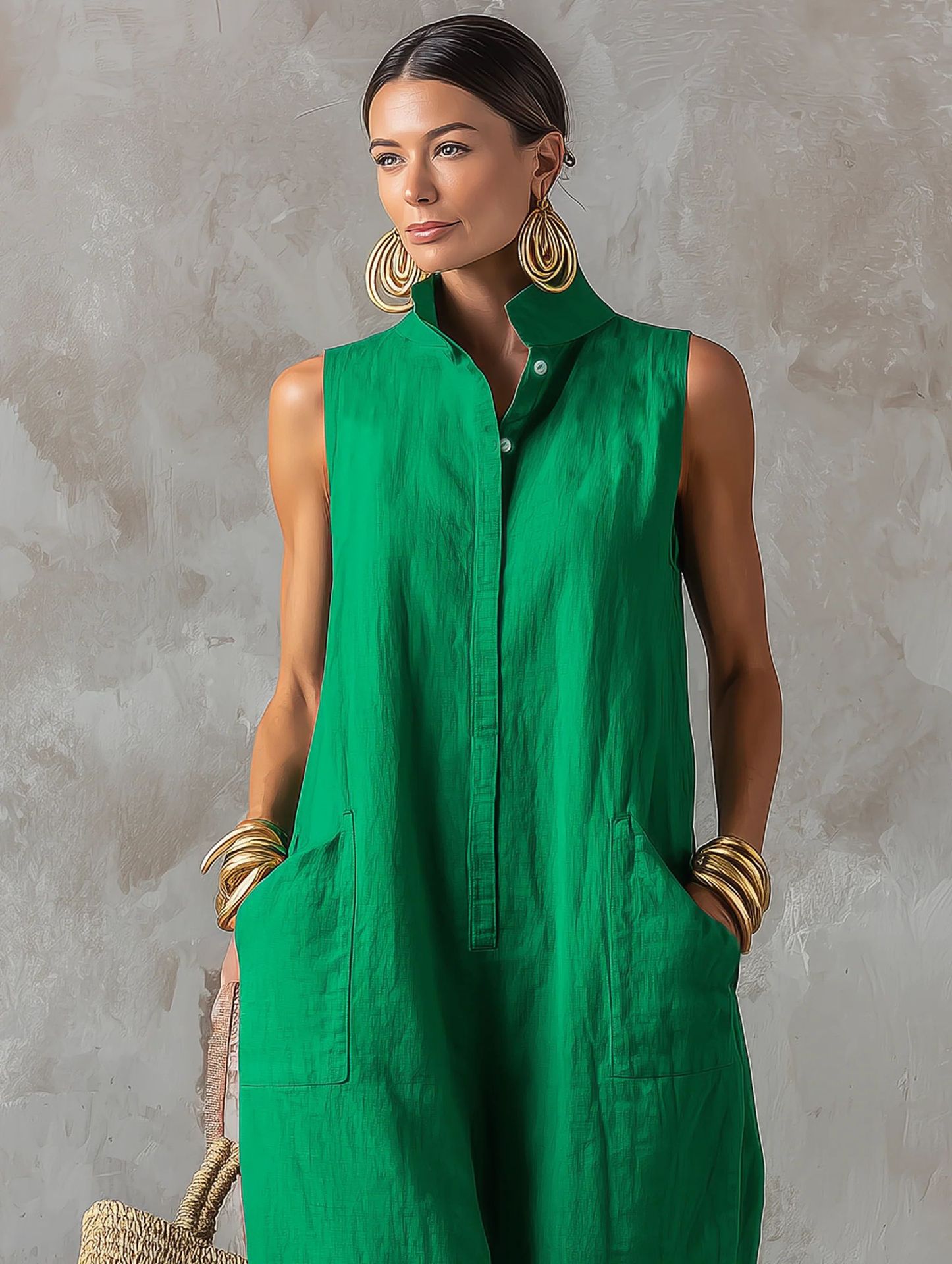 Loose-fitting Sleeveless One-button Stand-collar Jumpsuit