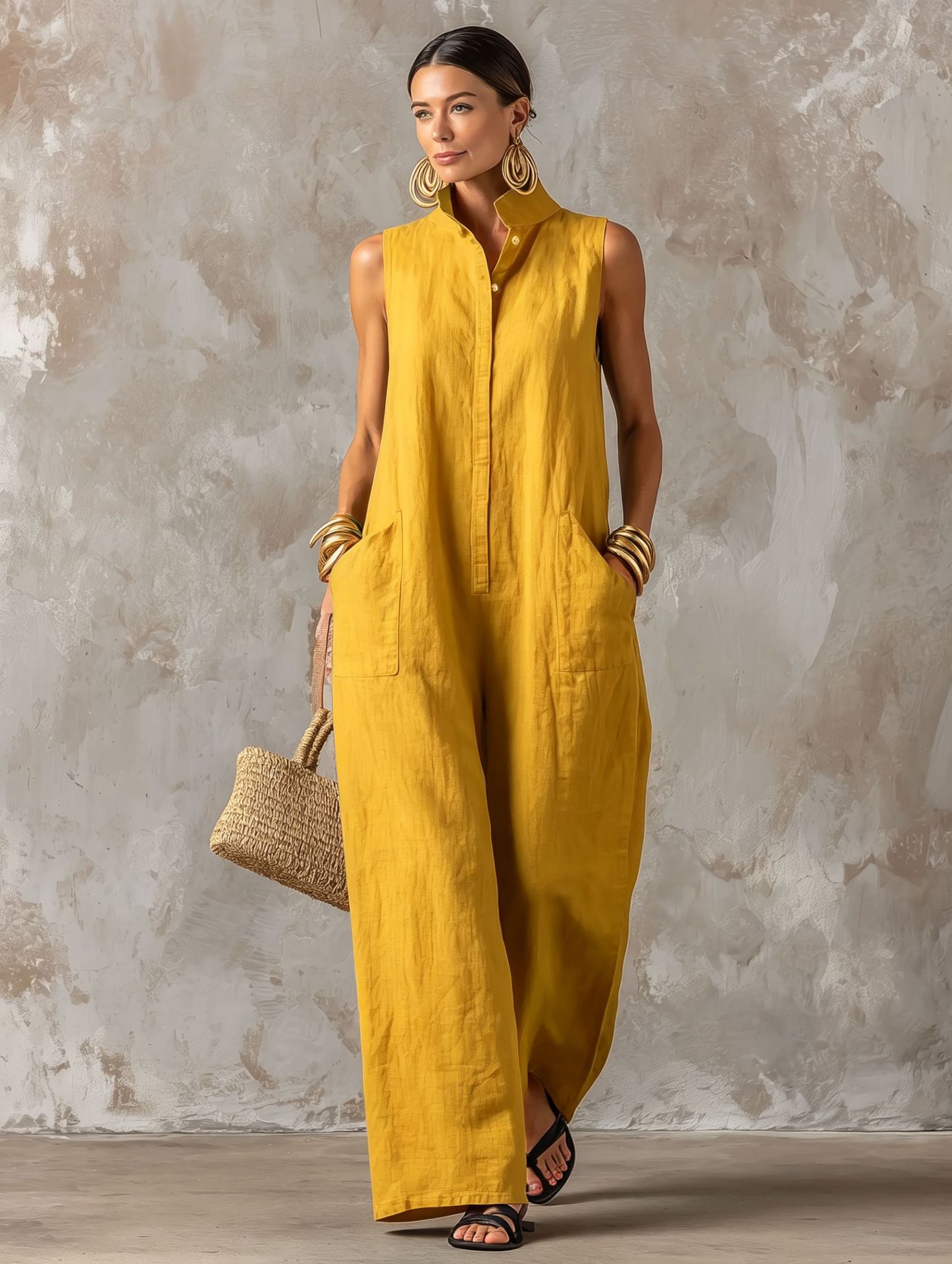 Loose-fitting Sleeveless One-button Stand-collar Jumpsuit