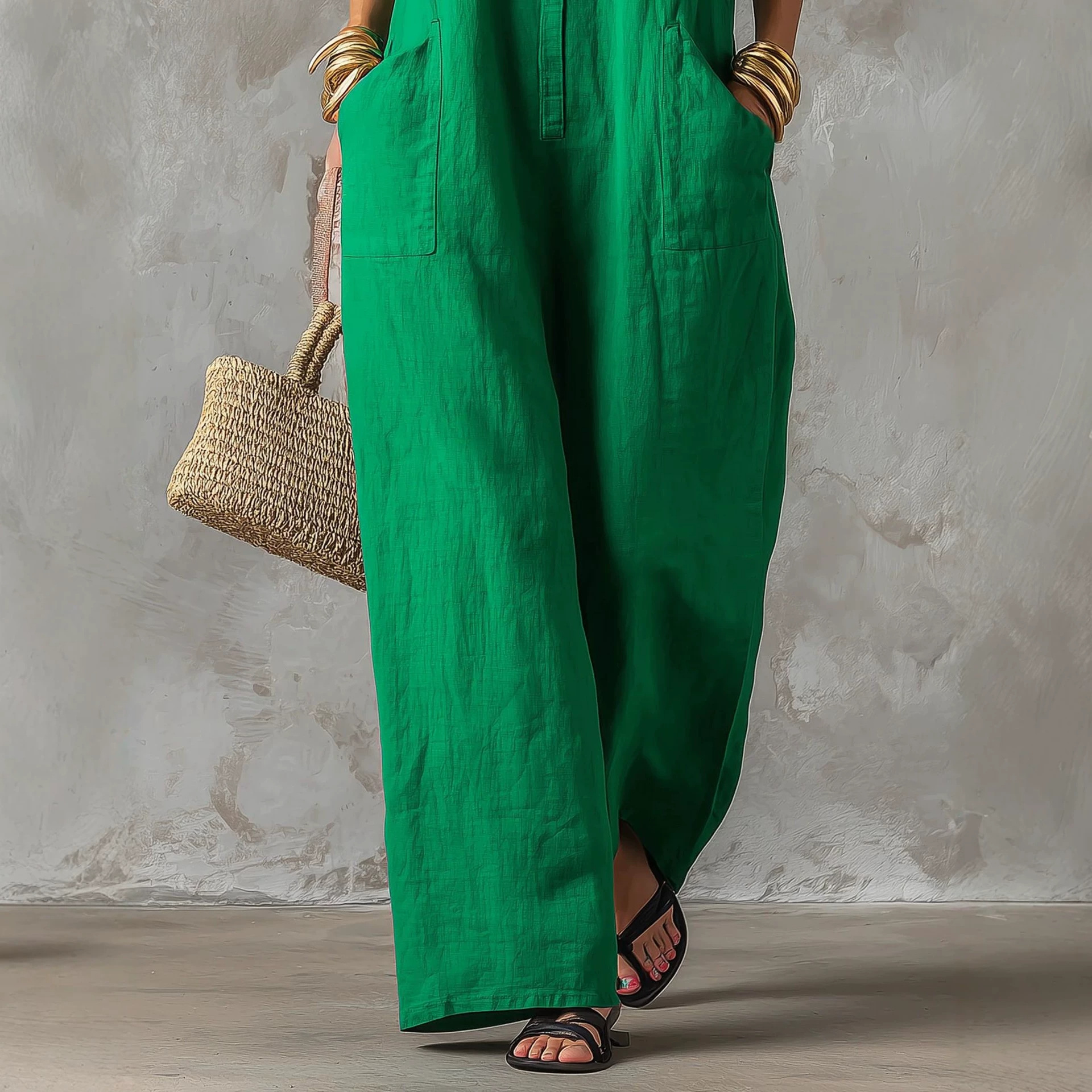Loose-fitting Sleeveless One-button Stand-collar Jumpsuit