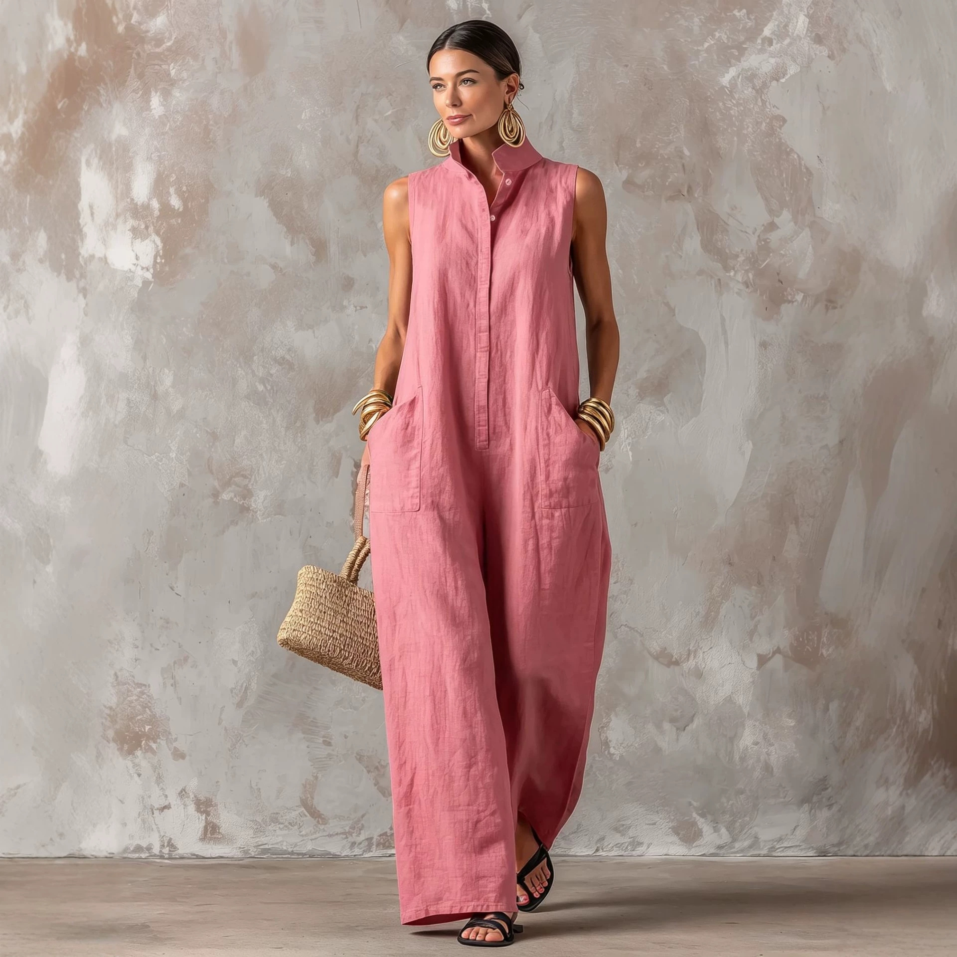 Loose-fitting Sleeveless One-button Stand-collar Jumpsuit