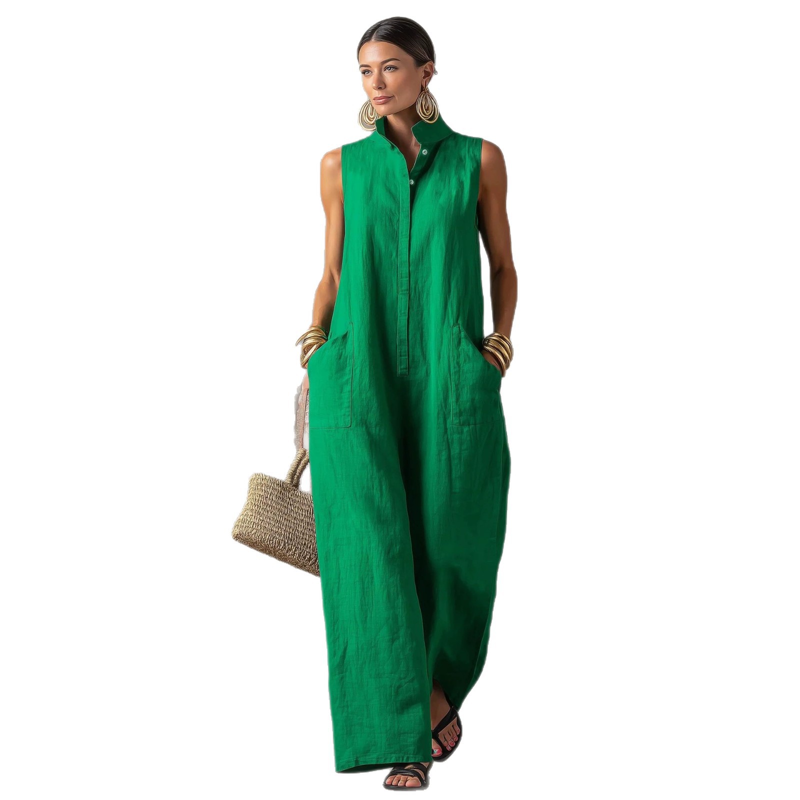 Loose-fitting Sleeveless One-button Stand-collar Jumpsuit
