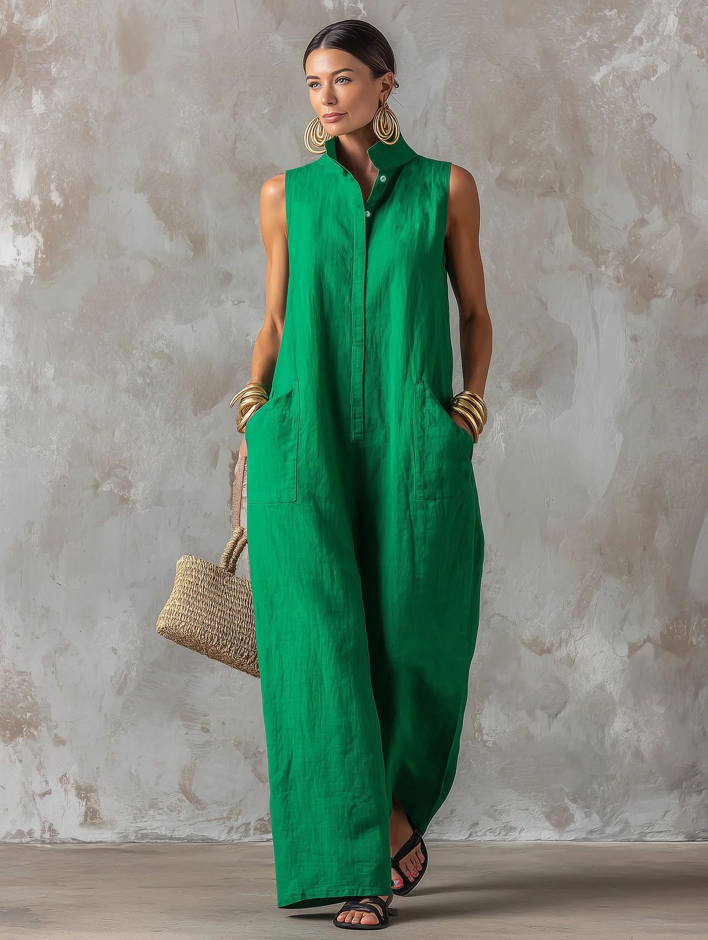 Loose-fitting Sleeveless One-button Stand-collar Jumpsuit