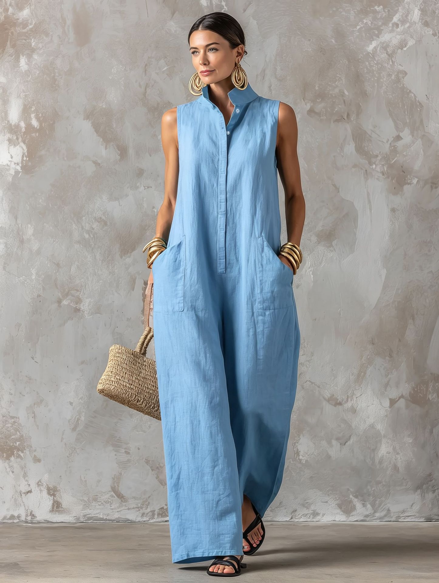 Loose-fitting Sleeveless One-button Stand-collar Jumpsuit