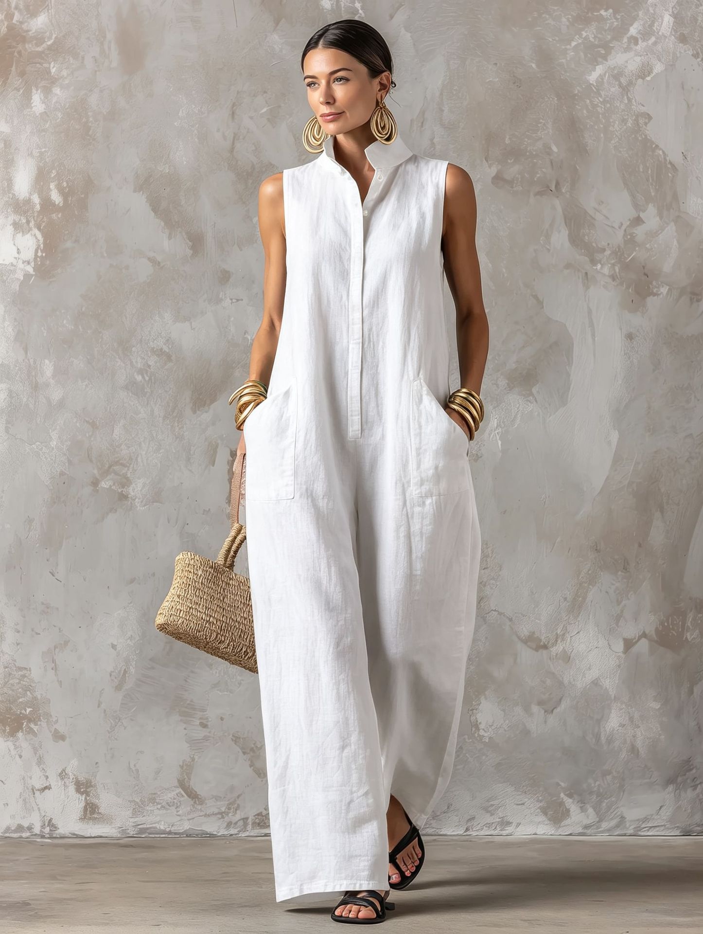 Loose-fitting Sleeveless One-button Stand-collar Jumpsuit
