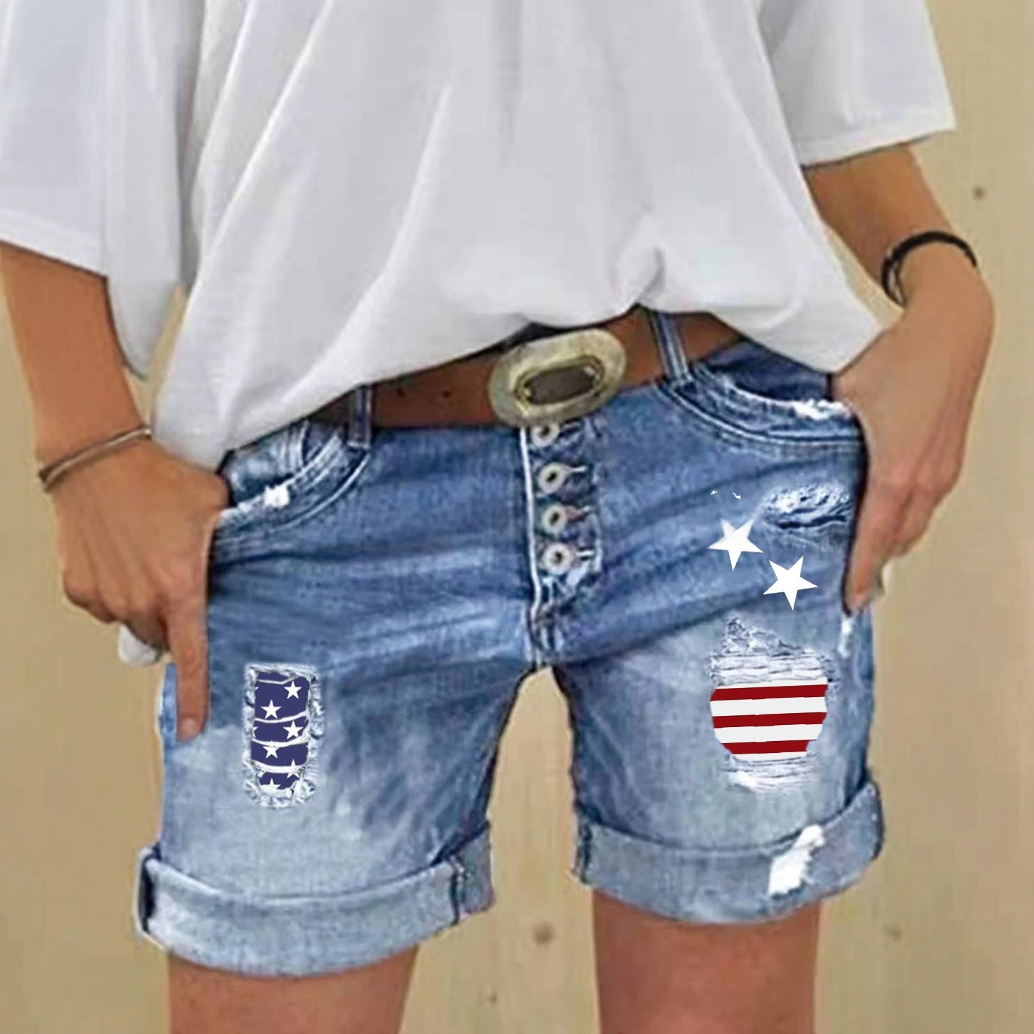 Denim Shorts Slimming Ripped Patchwork-print
