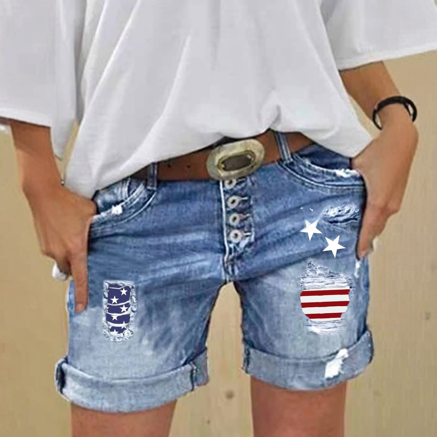 Denim Shorts Slimming Ripped Patchwork-print