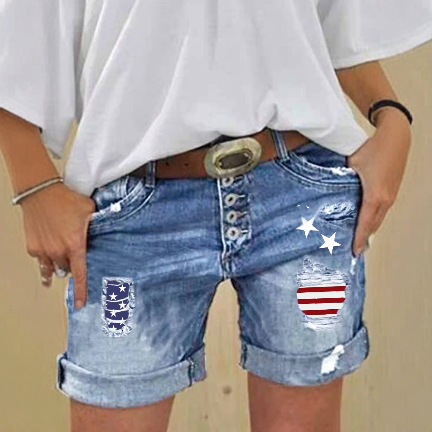 Denim Shorts Slimming Ripped Patchwork-print