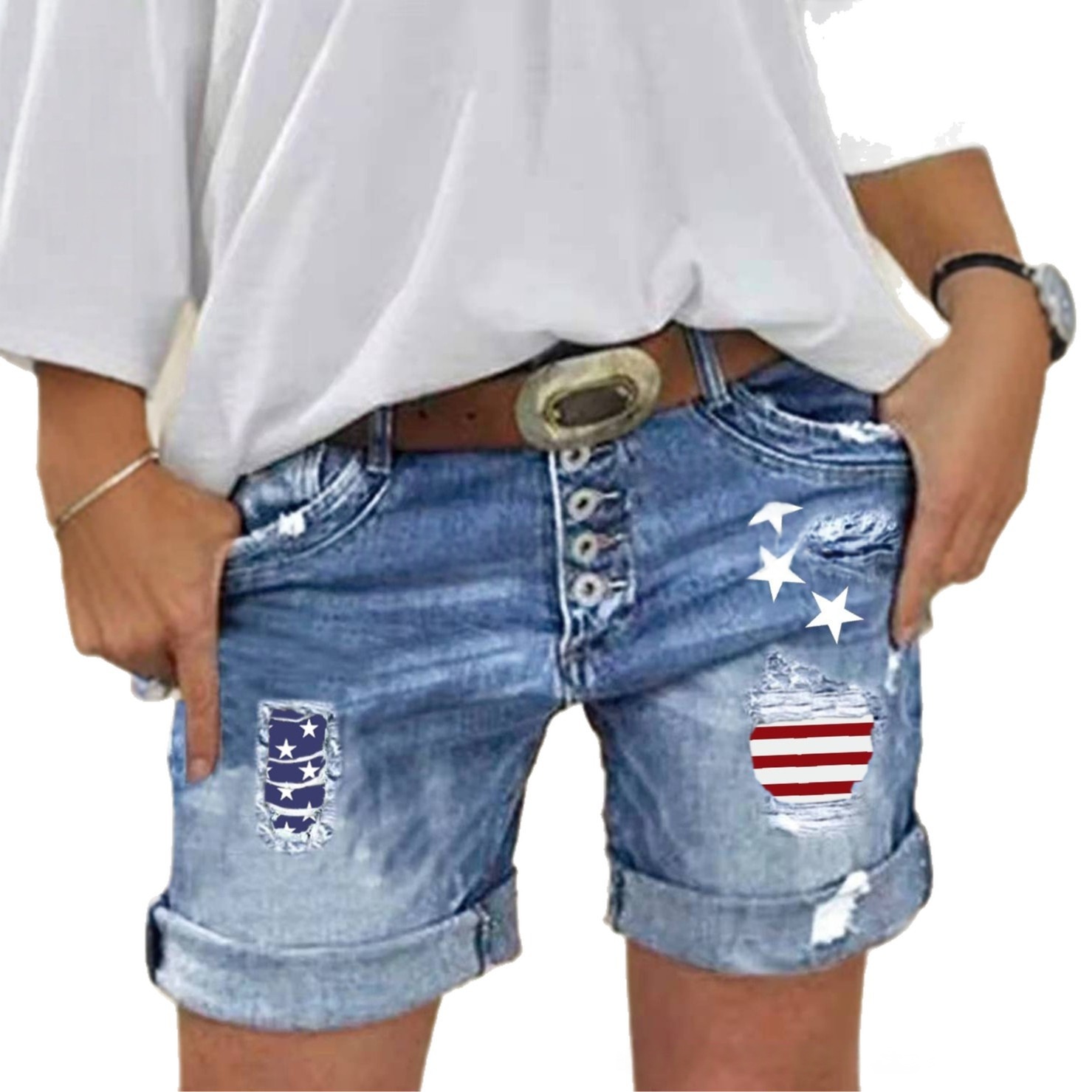 Denim Shorts Slimming Ripped Patchwork-print