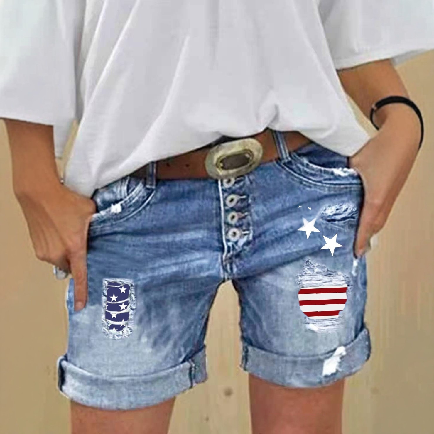 Denim Shorts Slimming Ripped Patchwork-print