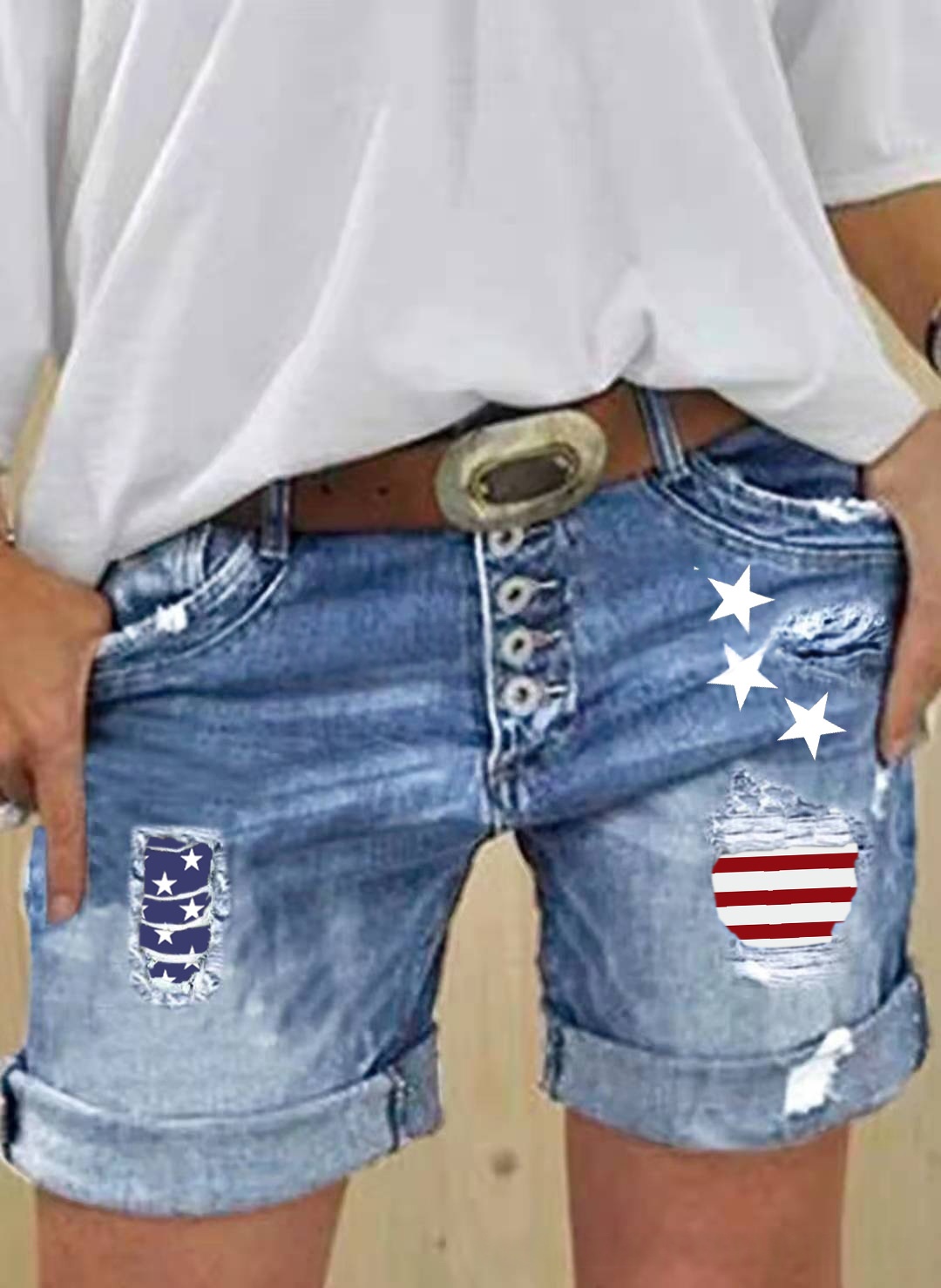 Denim Shorts Slimming Ripped Patchwork-print