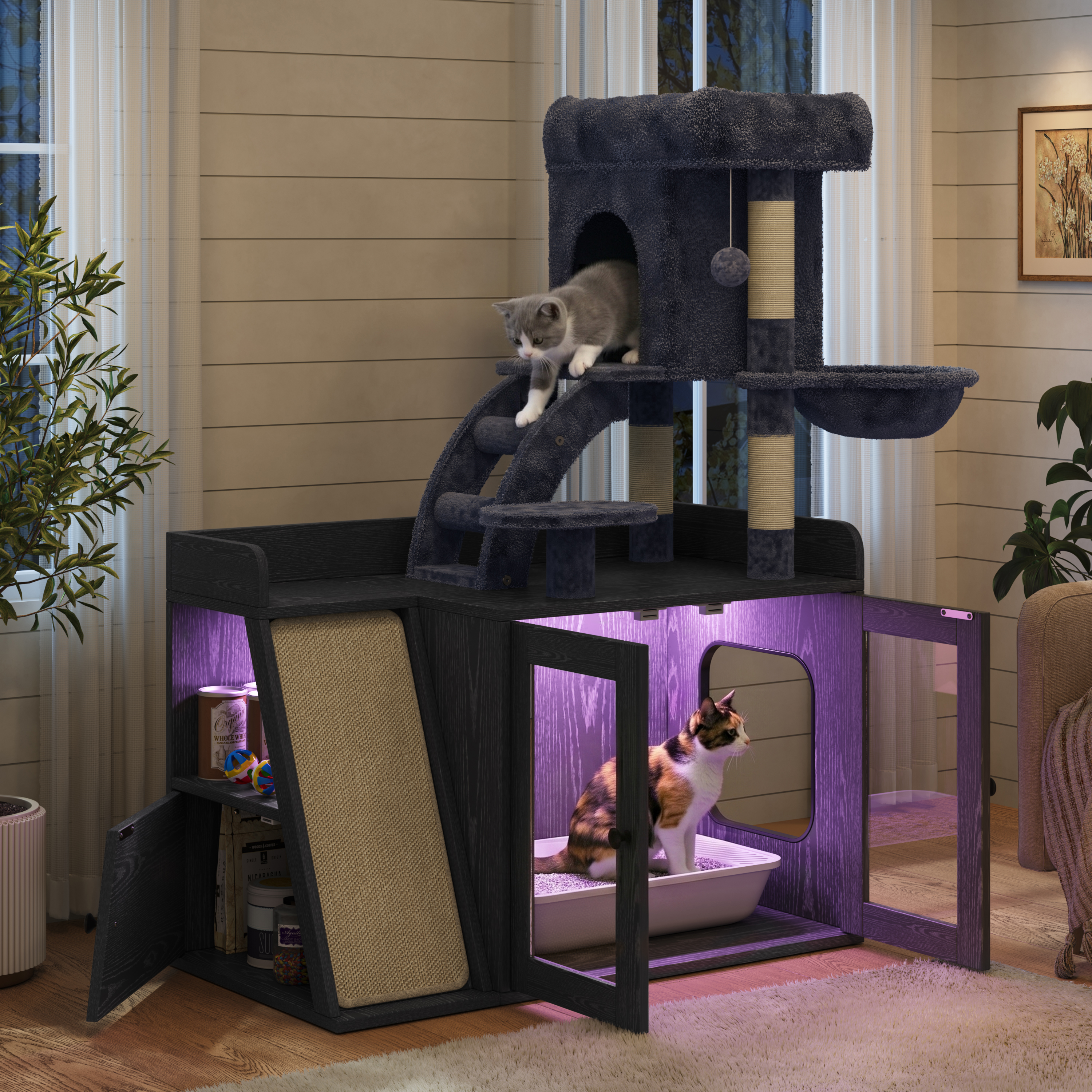 Litter Box Enclosure with Cat Tree and LED Light