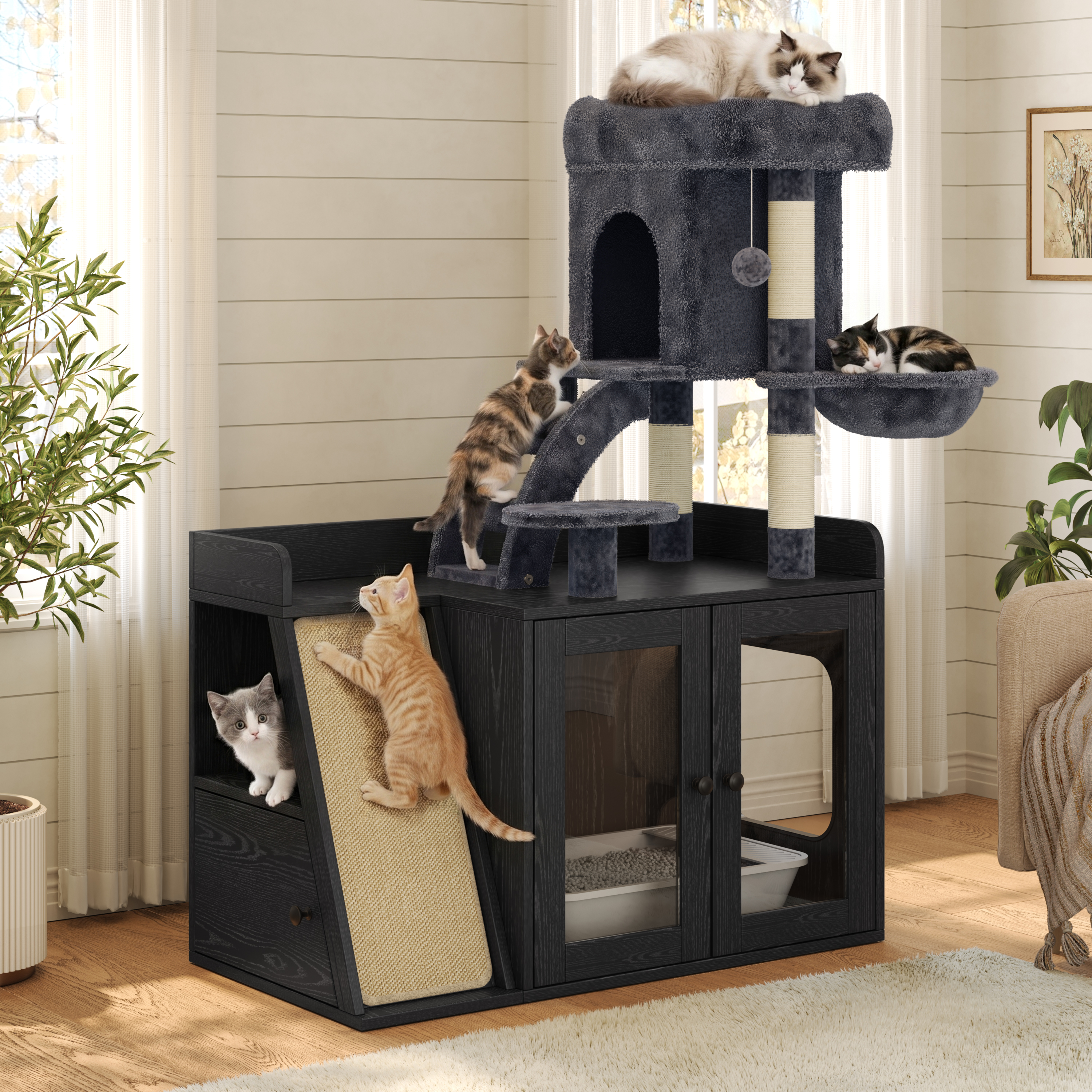 Litter Box Enclosure with Cat Tree and LED Light