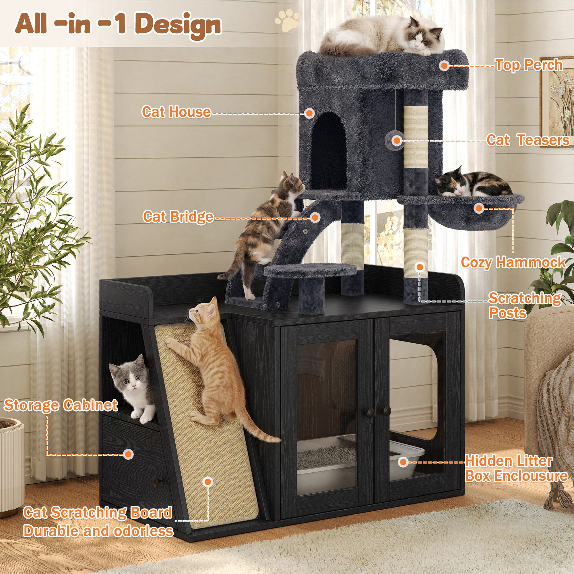 Litter Box Enclosure with Cat Tree and LED Light