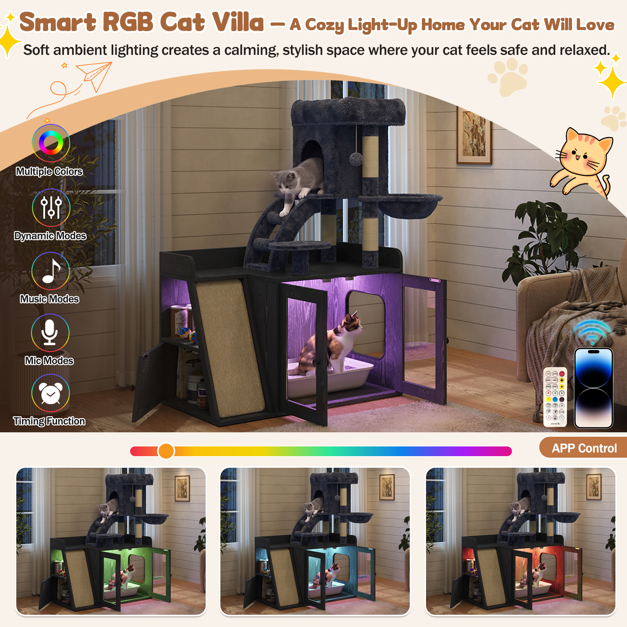 Litter Box Enclosure with Cat Tree and LED Light