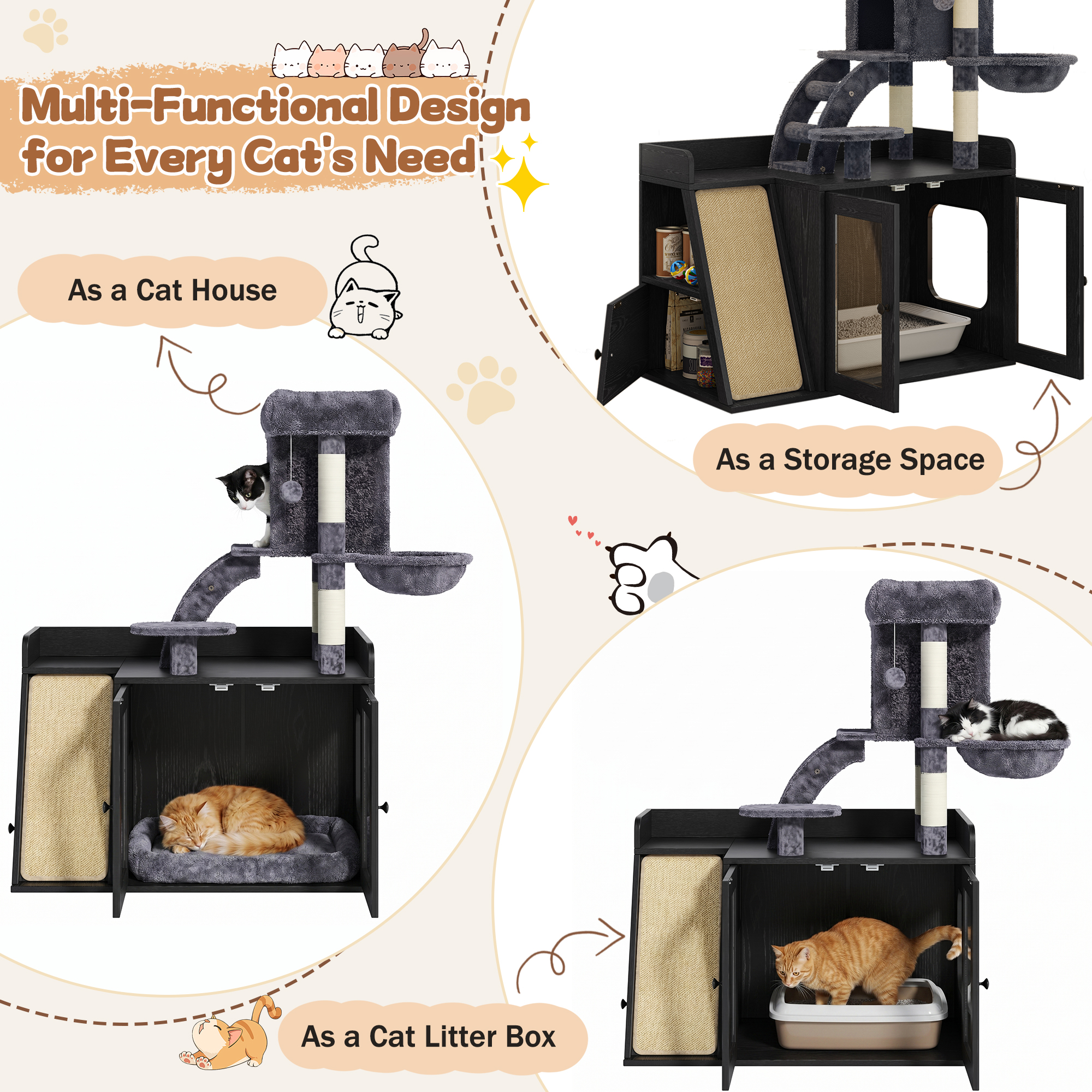 Litter Box Enclosure with Cat Tree and LED Light