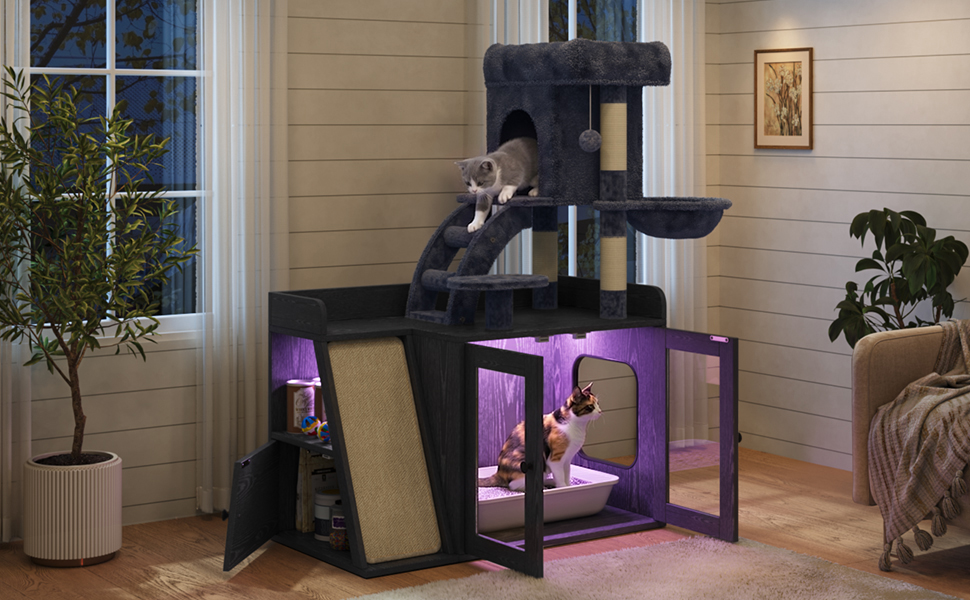 Litter Box Enclosure with Cat Tree and LED Light