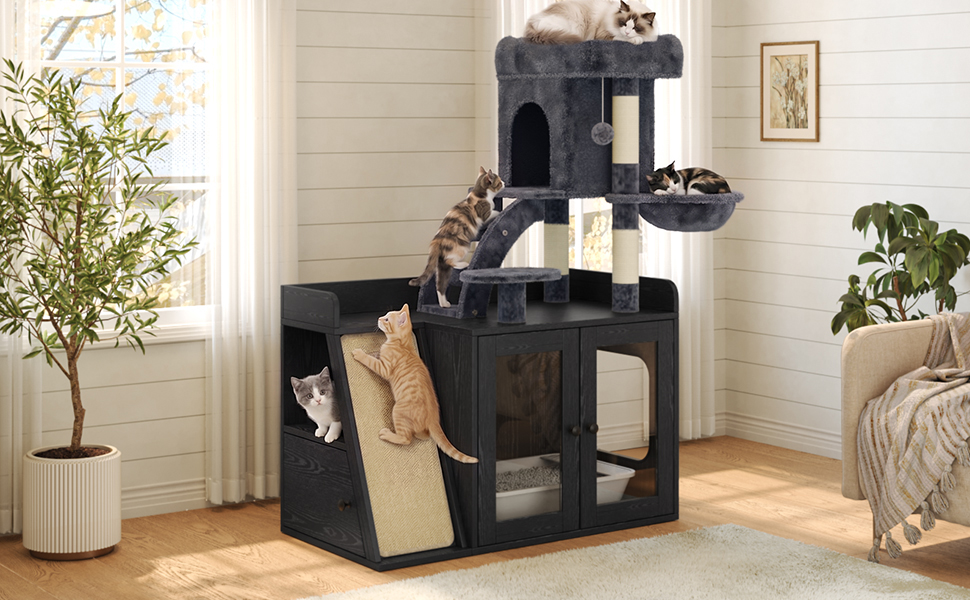 Litter Box Enclosure with Cat Tree and LED Light
