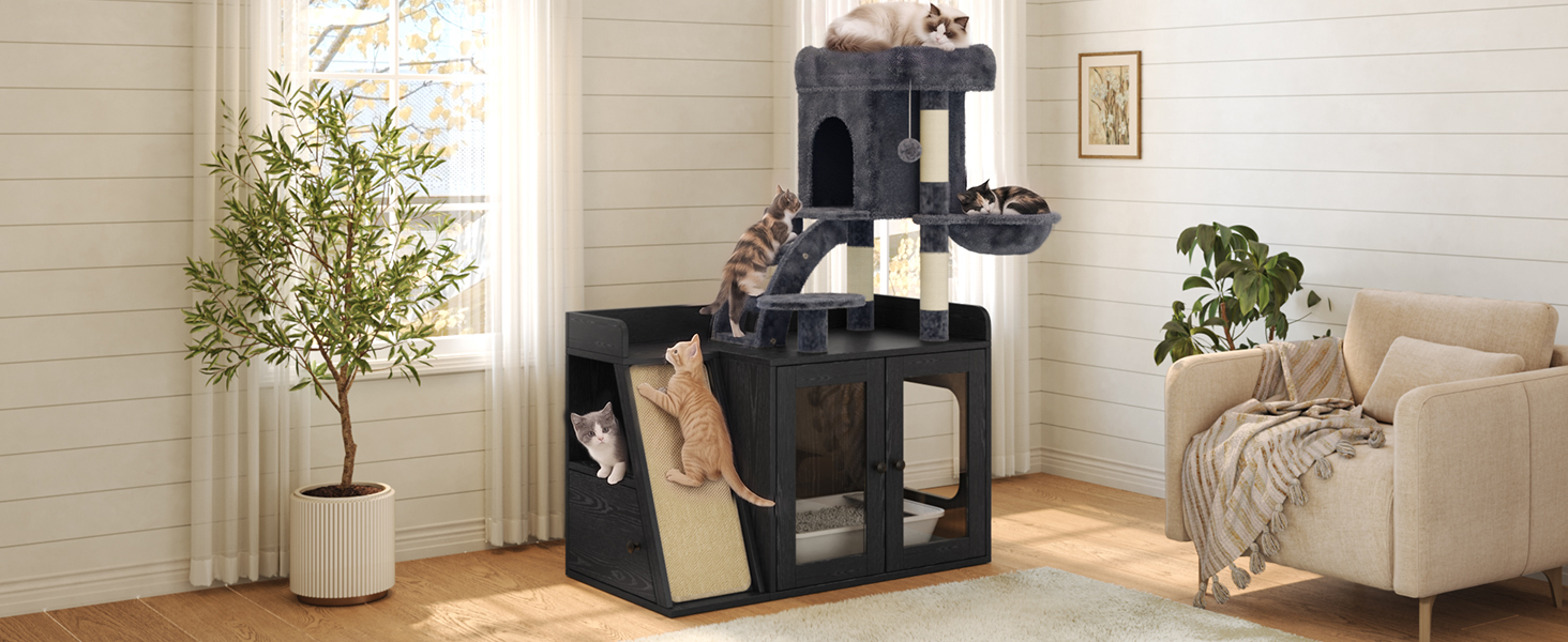 Litter Box Enclosure with Cat Tree and LED Light
