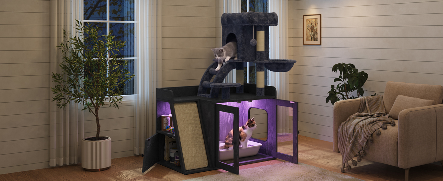 Litter Box Enclosure with Cat Tree and LED Light