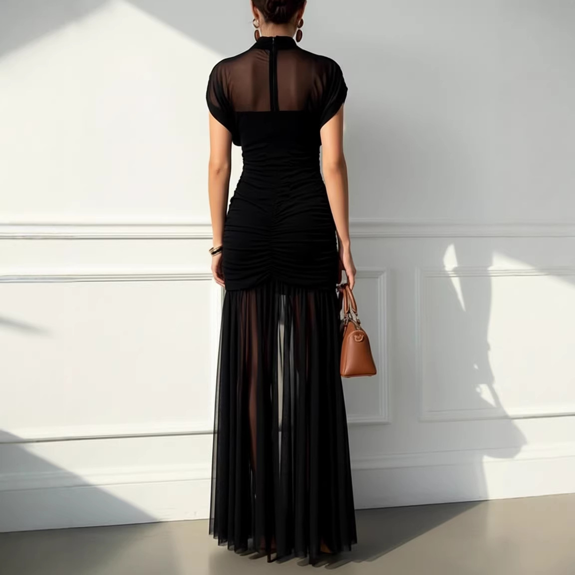 Womens Solid-color Mesh Dress